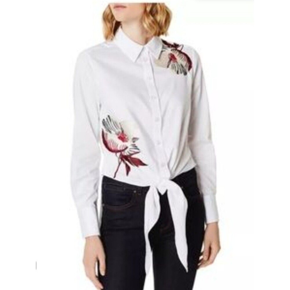 Karen Millen White Floral Embroidered Tie Front Button Up Shirt Blouse Top Sz M